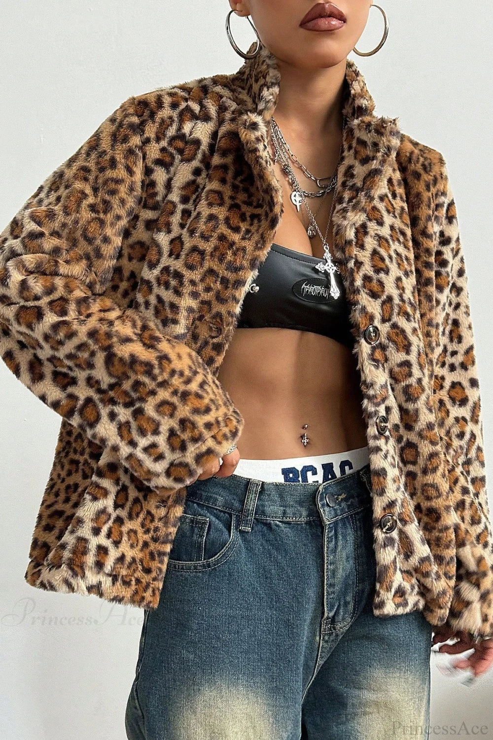 Buttoned Turn-Down Collar Thickened Leopard Coat image 4
