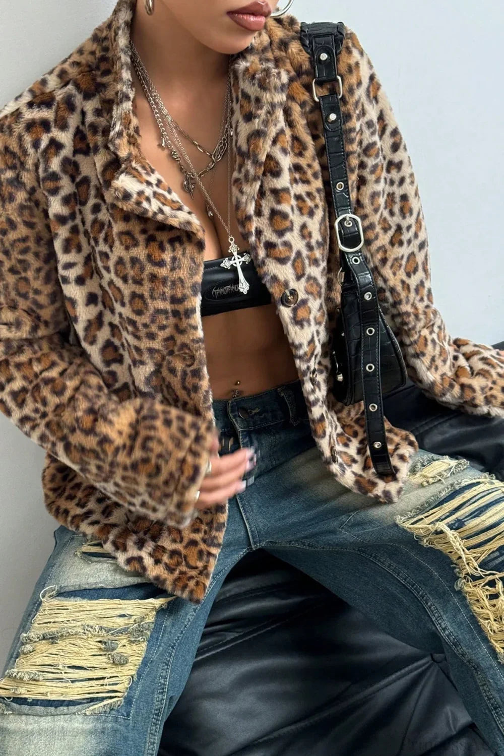 Buttoned Turn-Down Collar Thickened Leopard Coat image 2