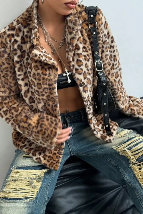 Buttoned Turn-Down Collar Thickened Leopard Coat image 2