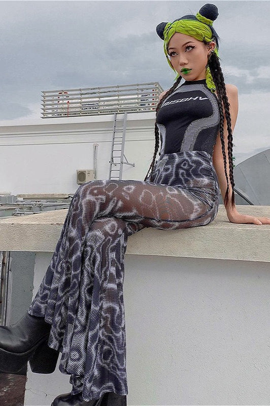 Floral High Waist Mesh Flare Pants image 3