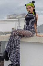Floral High Waist Mesh Flare Pants image 3