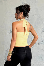 Solid Lace Trim Patchwork Deep V Halter Top image 5