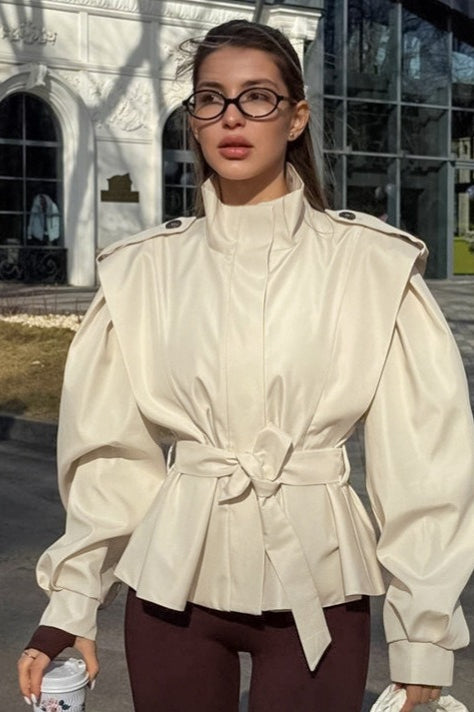 Tie-Waist Collared Long-Sleeve Loose Trench Coat image 10