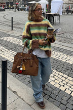 Slouchy Colorful Striped Crewneck Loose Knit Sweater image 2