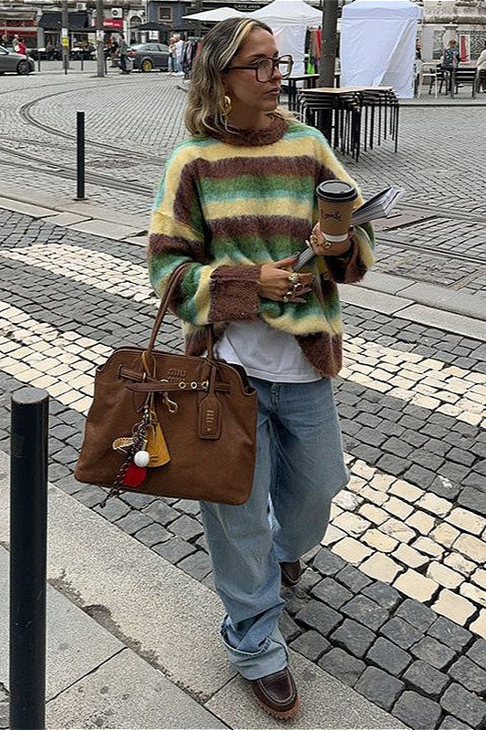 Slouchy Colorful Striped Crewneck Loose Knit Sweater image 2