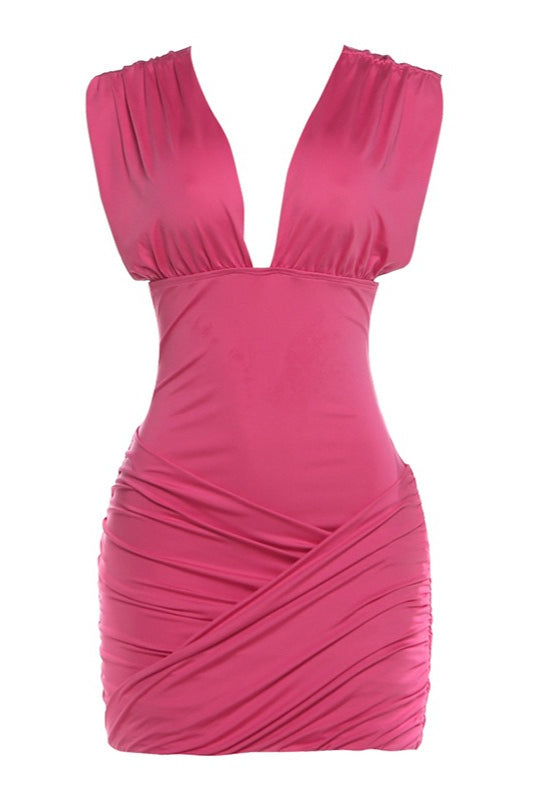 Solid Ruched Deep V Waist Cinch Sleeveless Mini Dress image 7