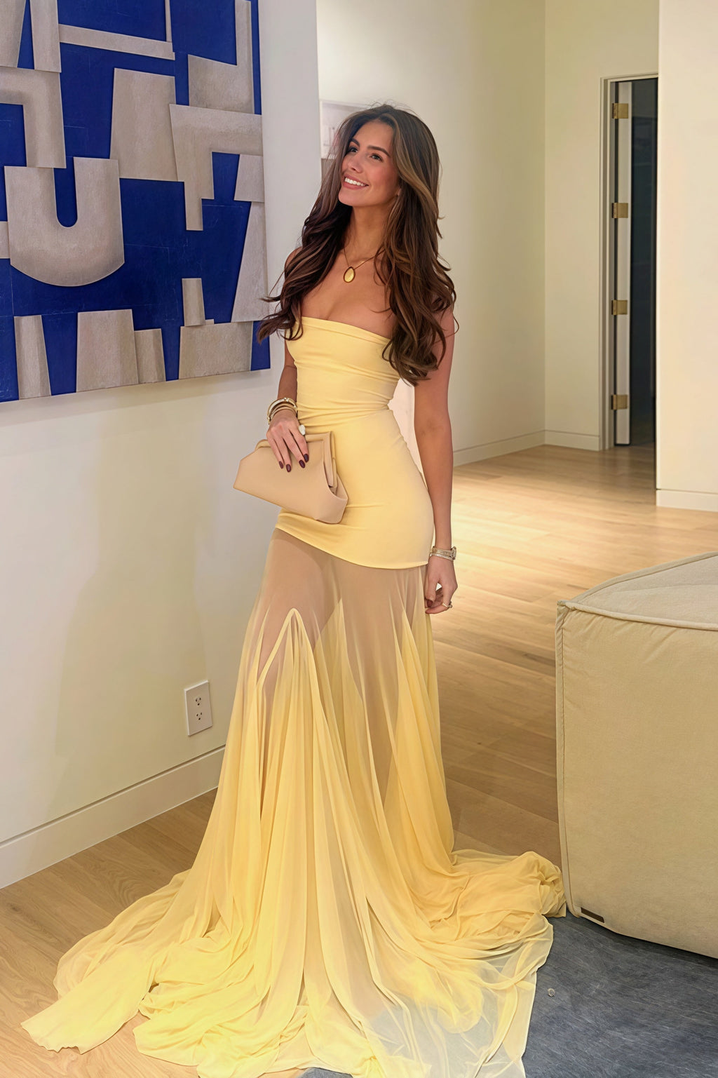 Solid Slim Patchwork Sheer Strapless Maxi Dress image 1