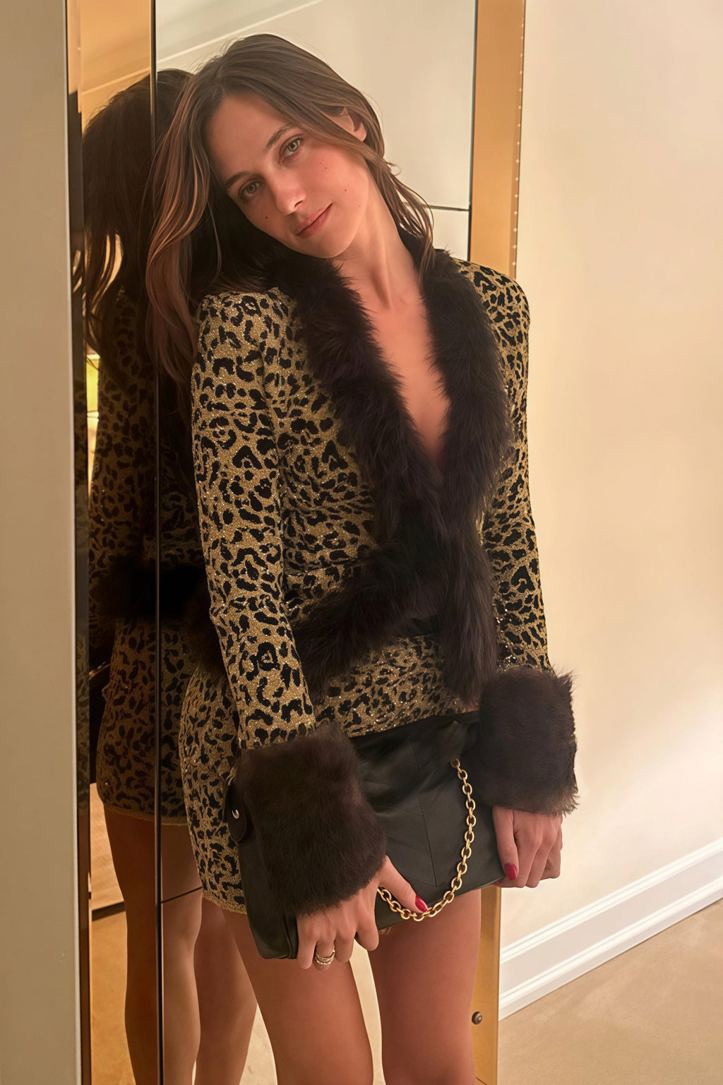 Leopard Print Shiny Fur Collar Patchwork Two Piece Set image 1