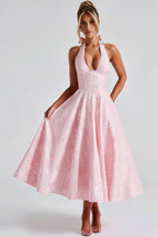 Halter V Neck Jacquard Backless Midi Dress image 3