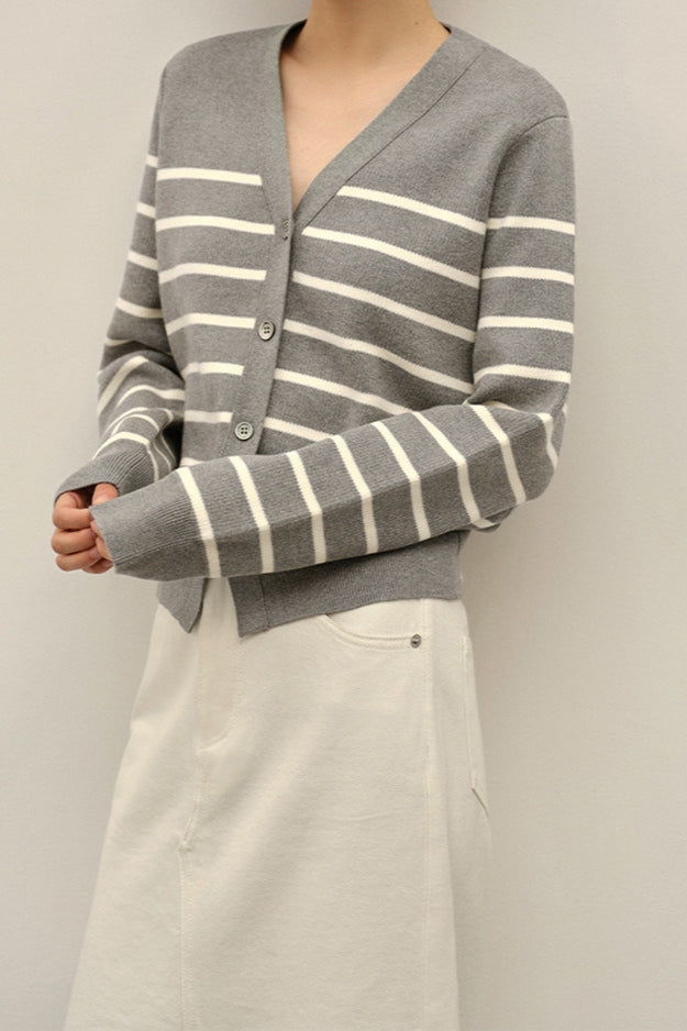 Knit Striped V Neck Colorblock Cardigan image 2
