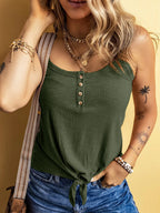 Lara Button Tank detail view styled for Avrienne