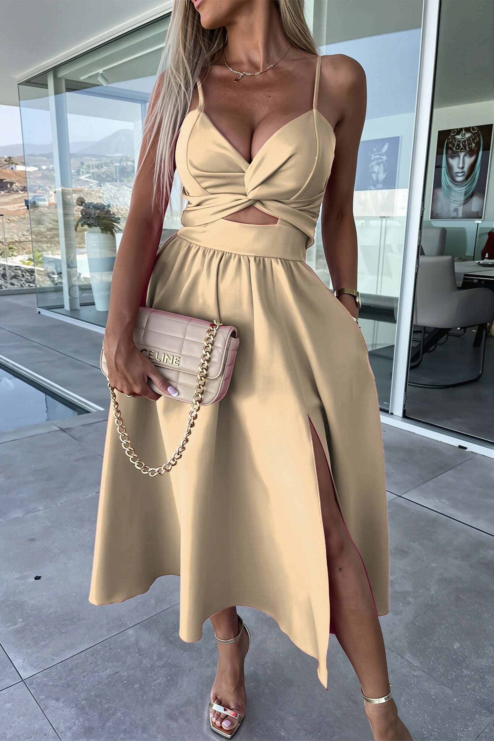 Solid Deep V Cut Out Cami Swing Slit Maxi Dress image 9