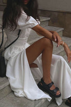 Elegant Puff Sleeve Deep V Slit Midi Dress image 3