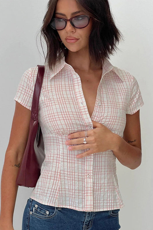 Fitted Waist Plaid V Neck Button Front Short Blouse image 1