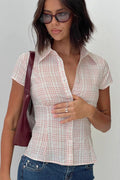 Fitted Waist Plaid V Neck Button Front Short Blouse image 1
