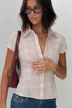 Fitted Waist Plaid V Neck Button Front Short Blouse image 1