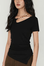 Solid Simple Beaded Hollow Neck T-Shirt image 3