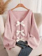 Dahlia Bow Knit Cardigan detail view styled for Avrienne