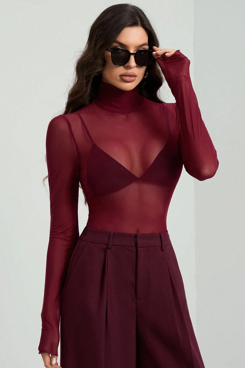 Stand Collar Solid Mesh Slim Fit Long Sleeve Tee image 3