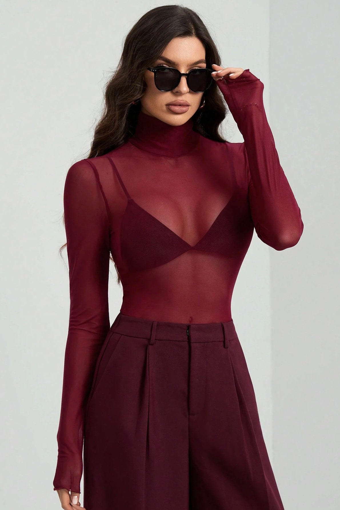 Stand Collar Solid Mesh Slim Fit Long Sleeve Tee image 3