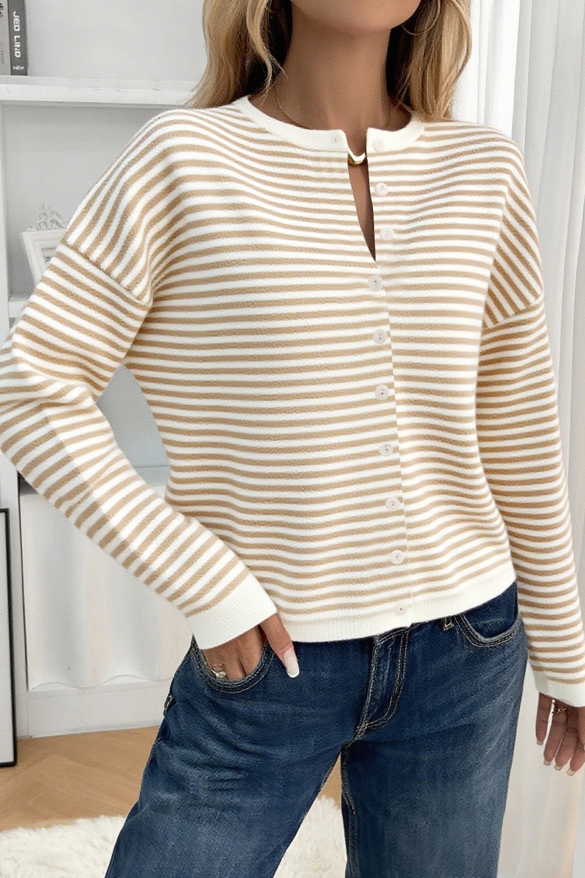 Striped Knit Round Neck Cardigan image 9