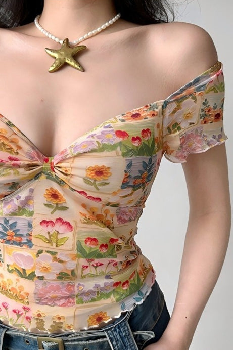 Floral Mesh Slim V Neck Tube Blouse image 5