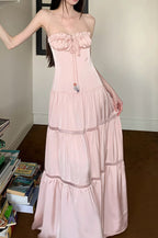 Pink Satin Tie Strapless Spaghetti Strap Maxi Dress image 2