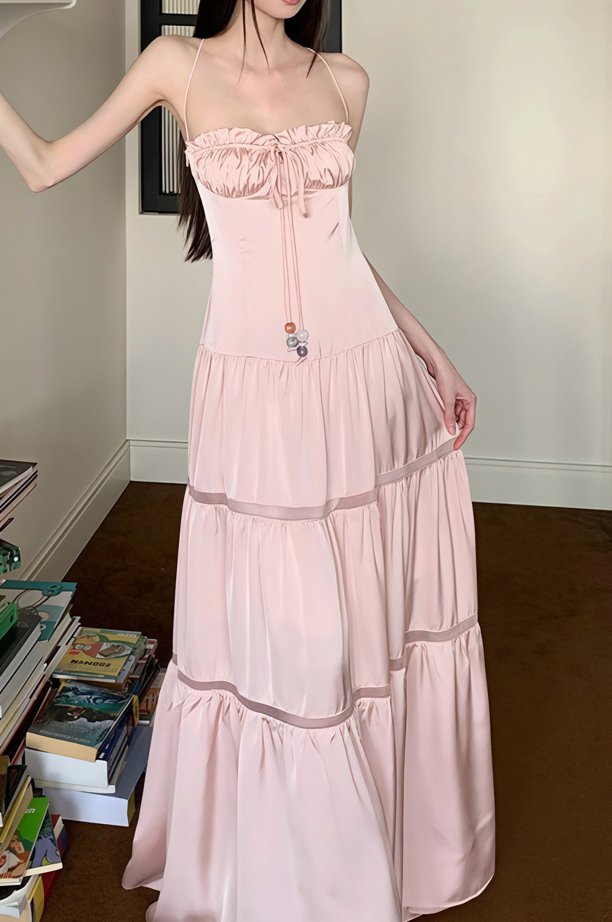 Pink Satin Tie Strapless Spaghetti Strap Maxi Dress image 2