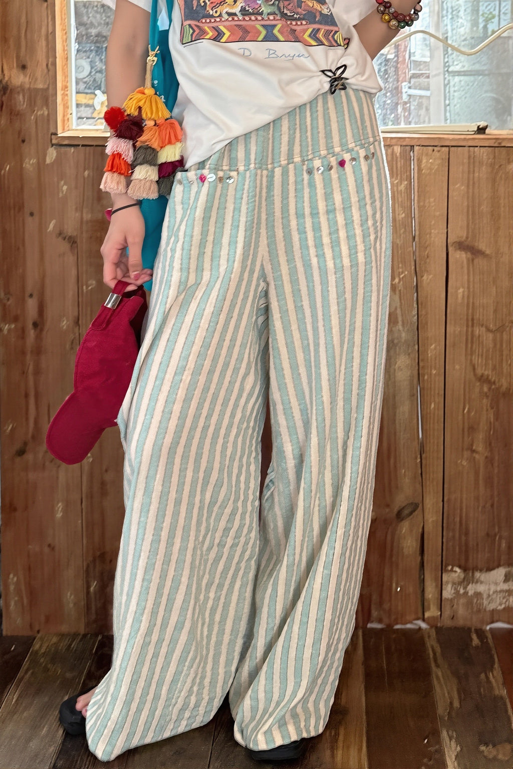 Mint Striped Linen Cotton Casual Pants image 1
