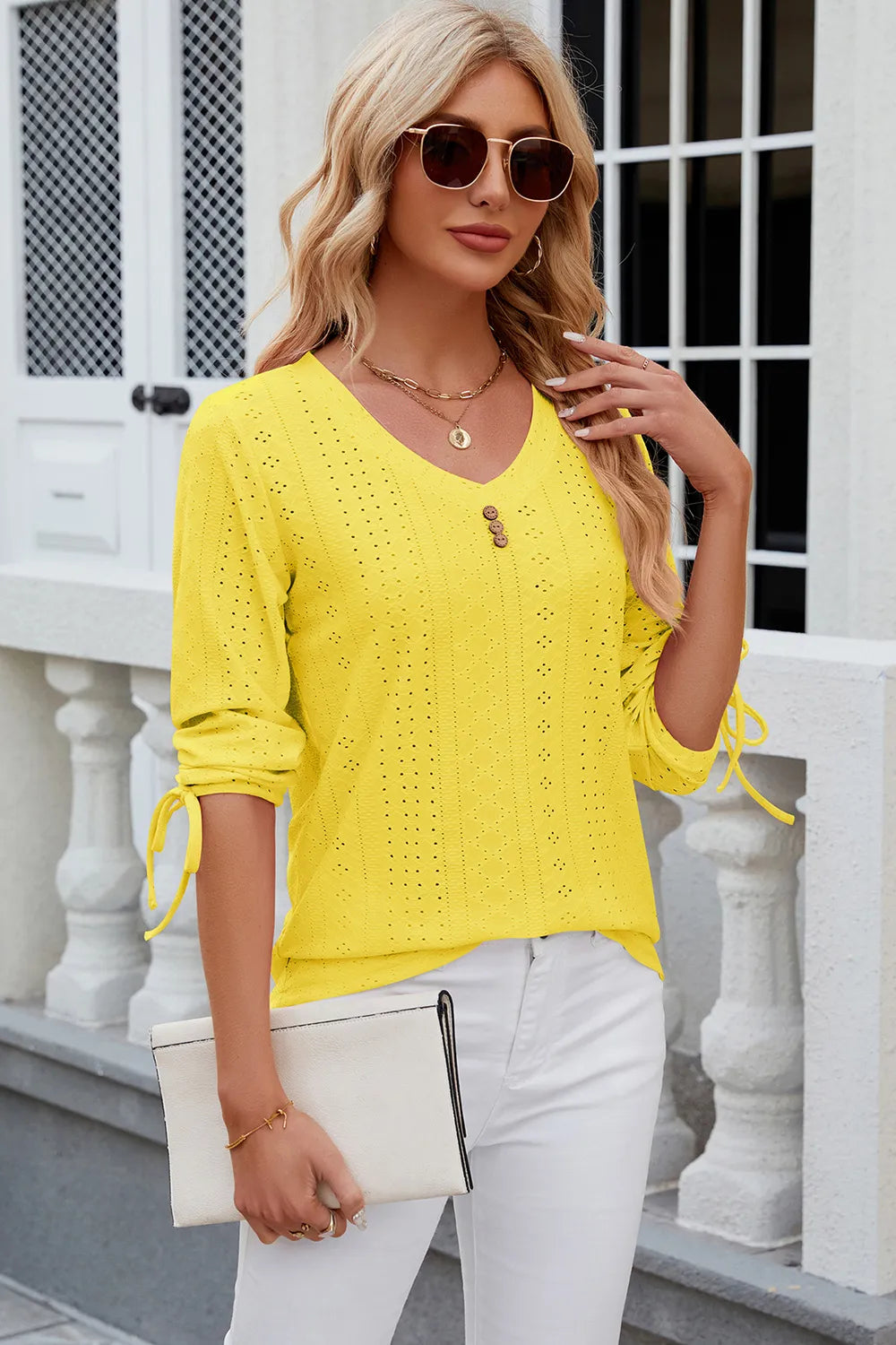Petra Eyelet Top detail view styled for Avrienne