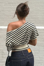 Vintage Asymmetrical Shoulder Striped Tie Waist T-shirt image 4
