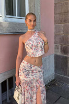 Light Pink Purple Floral One Shoulder Sleeveless Two Piece Set image 4