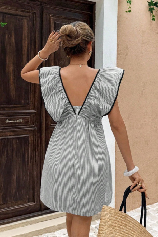 Striped V Neck Ruffle Flutter Sleeve Mini Dress image 18