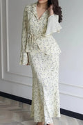 Long Sleeve Small Floral Waist Cinch Top Midi Skirt Two Piece Set image 1