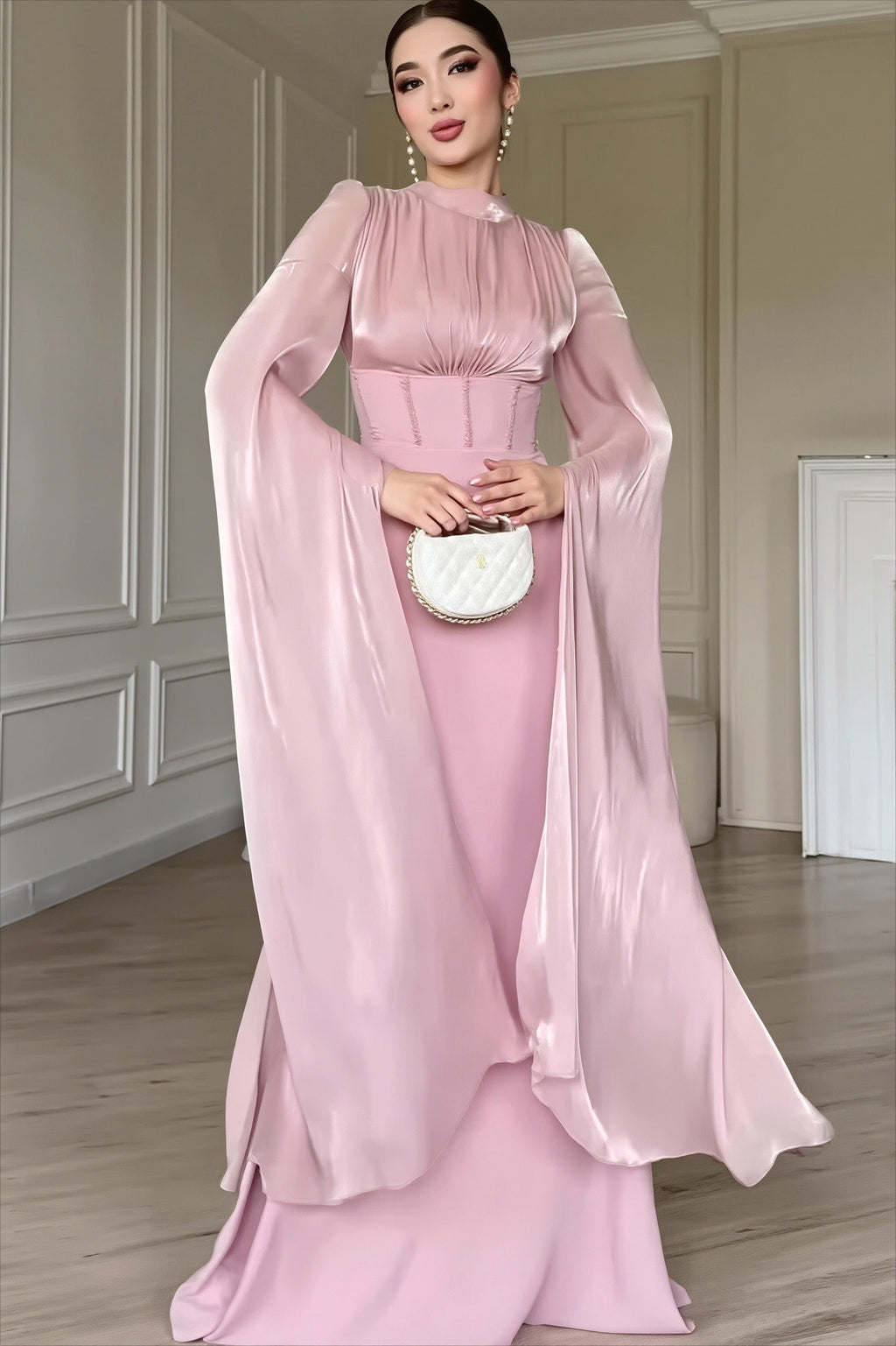 Glossy Flowy Sleeve Slim Maxi Dress image 3