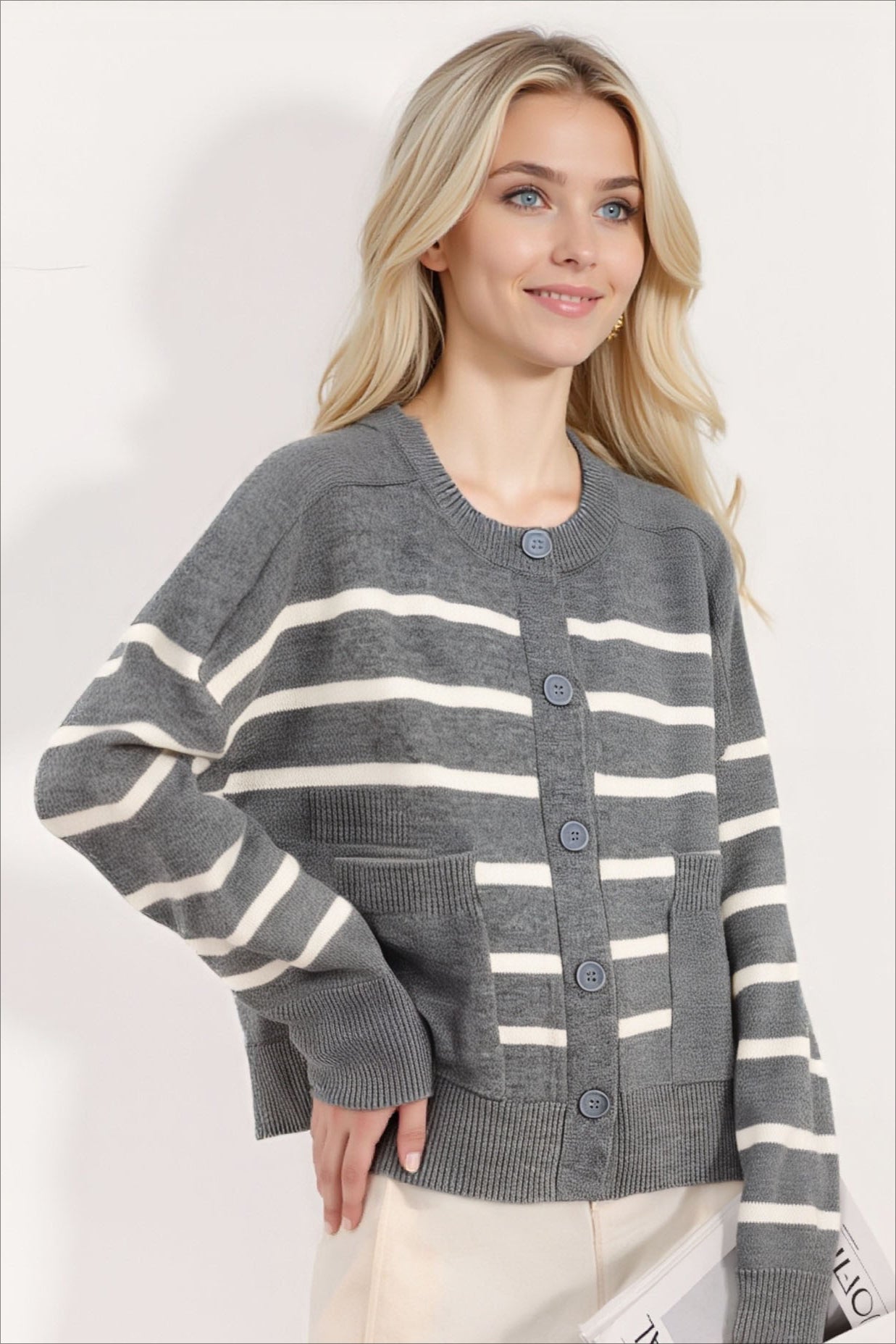 Crew Neck Striped Button Pocket Knit Cardigan image 3