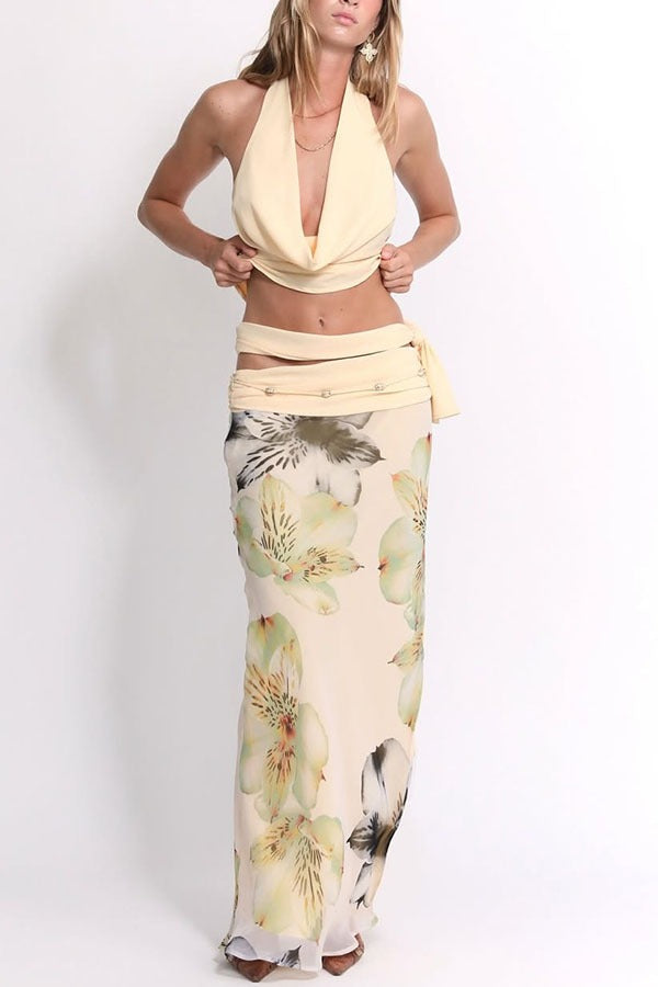 Sexy Backless Halter Top Slim Printed Maxi Skirt Set image 6