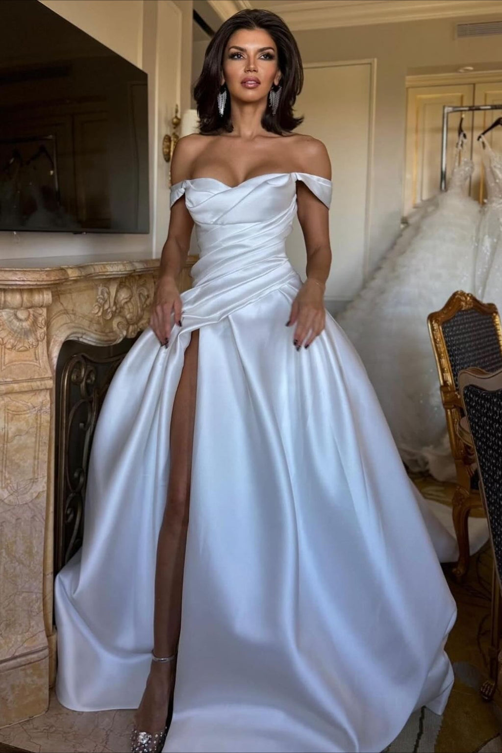 Off Shoulder Satin Ruched High Slit Wedding Dress image 1