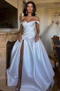 Off Shoulder Satin Ruched High Slit Wedding Dress image 1