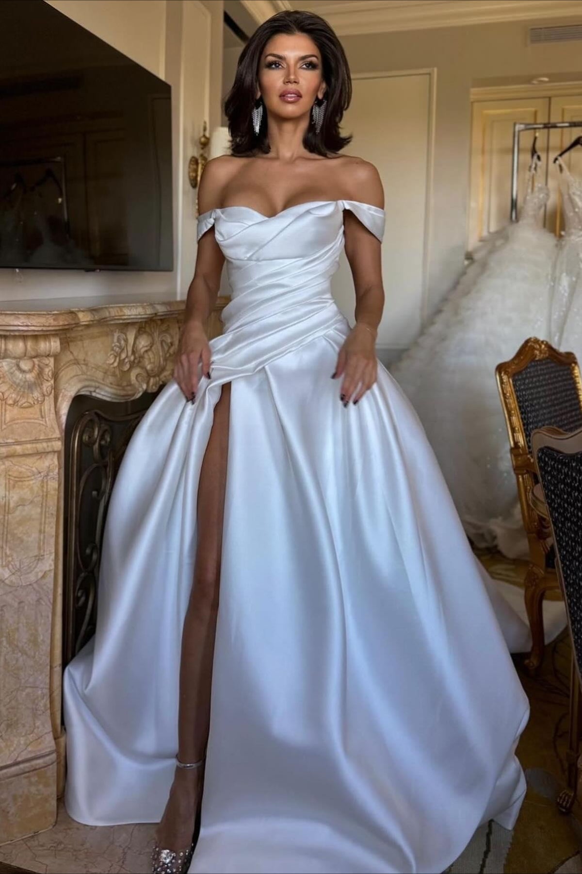 Off Shoulder Satin Ruched High Slit Wedding Dress image 1
