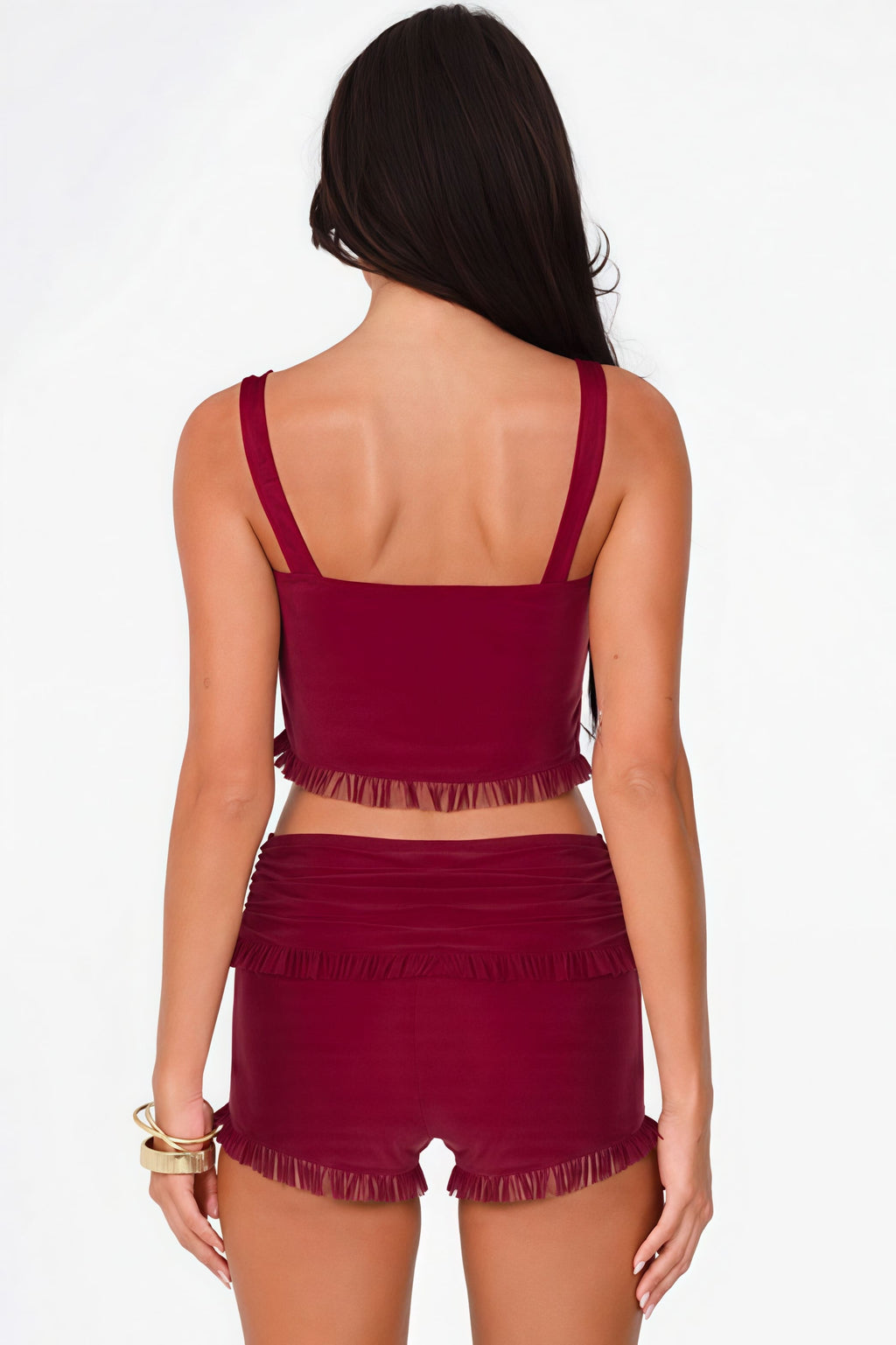 Fashion Snap Button Cami Top Slim Ruffle Shorts Skirt Set image 4