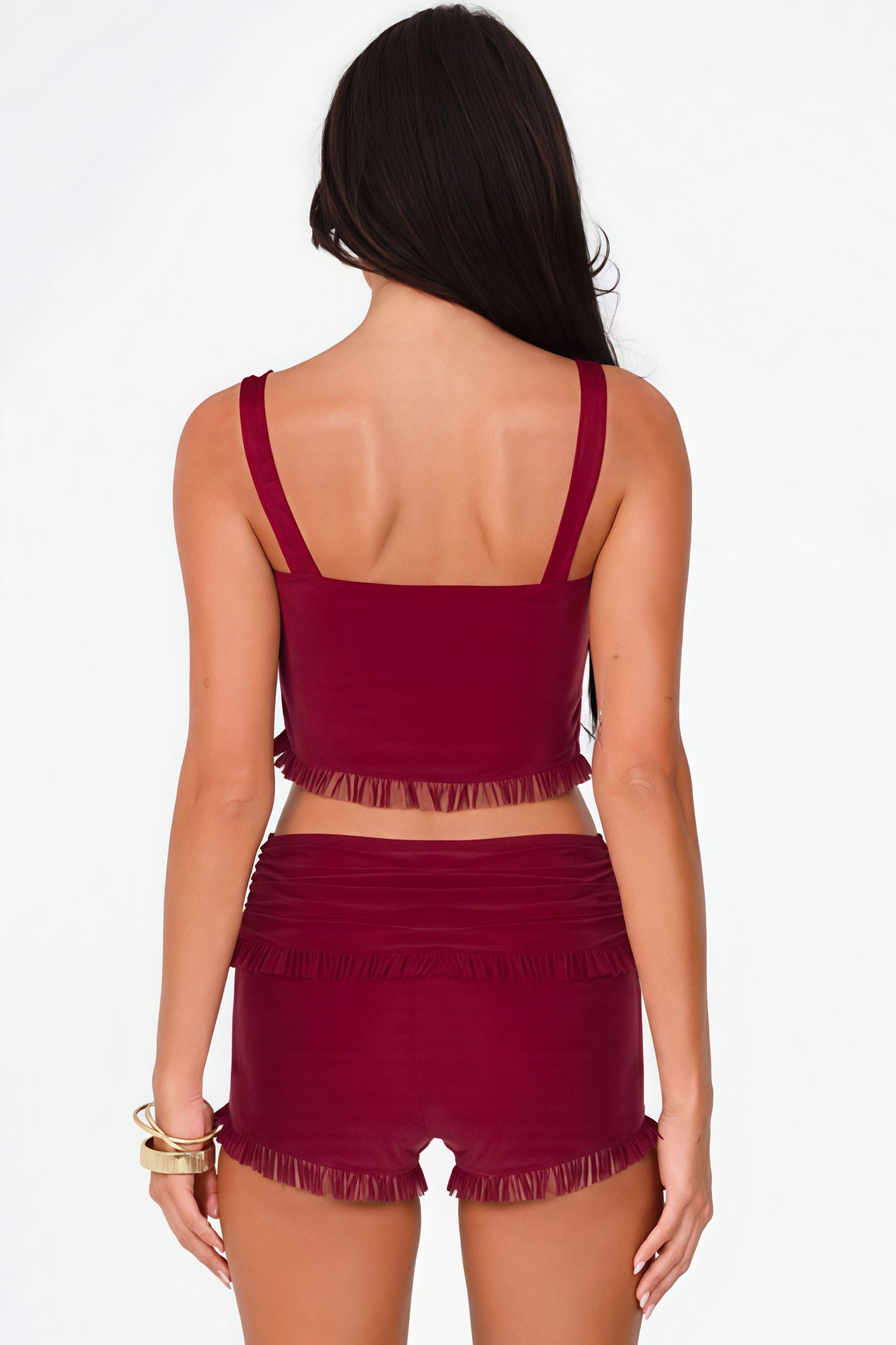 Fashion Snap Button Cami Top Slim Ruffle Shorts Skirt Set image 4