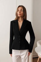 Fitted Waist V-Neck Padded Shoulder Long Sleeve Blazer image 1