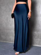 Arabella Satin Maxi Skirt detail view styled for Avrienne