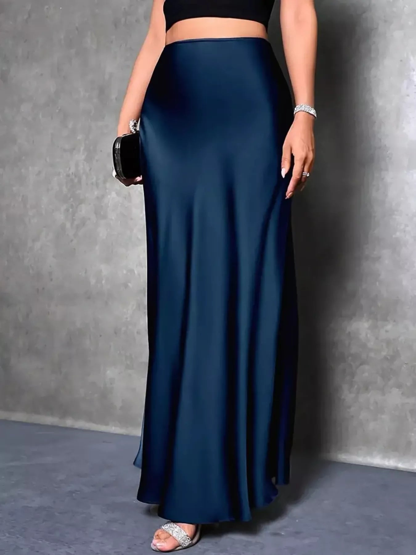 Arabella Satin Maxi Skirt detail view styled for Avrienne