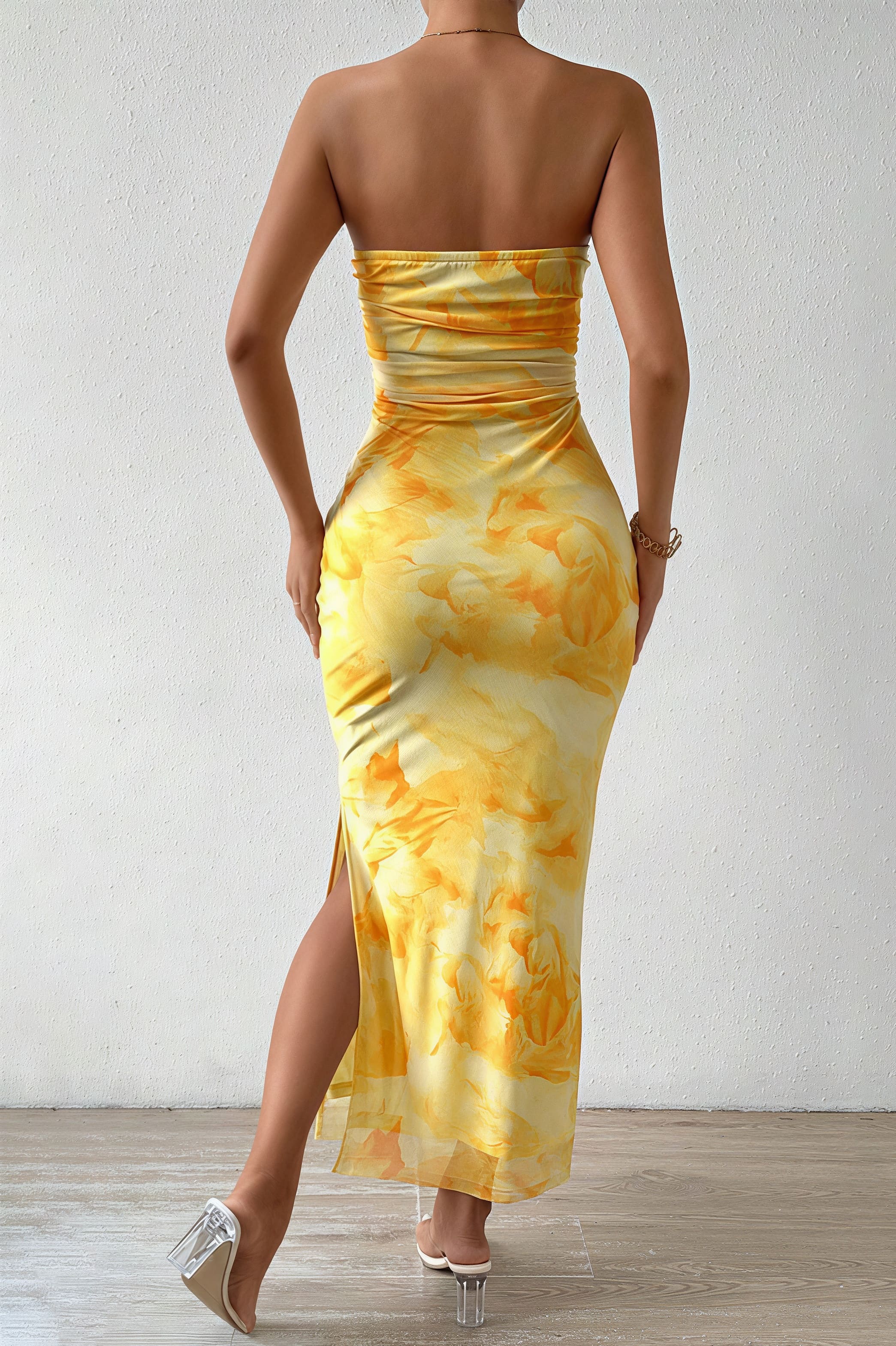 Slim Mesh Print Slit Maxi Dress image 4
