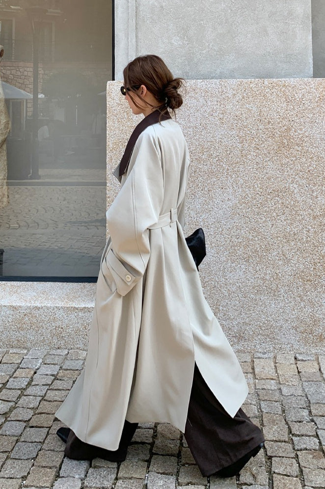 THE MIND British Style Contrast-Collar Long Overcoat image 4