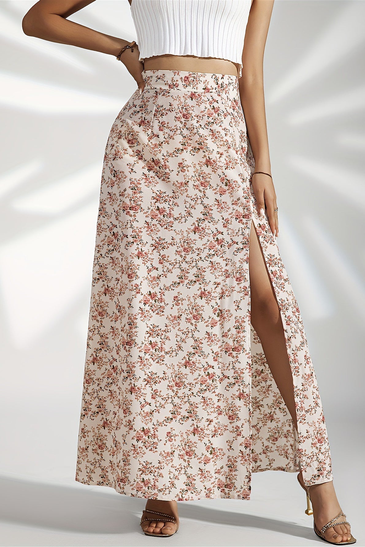 High Waist Split Floral Slim Maxi Skirt image 1