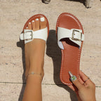 Emilia Buckle Sandals detail view styled for Avrienne