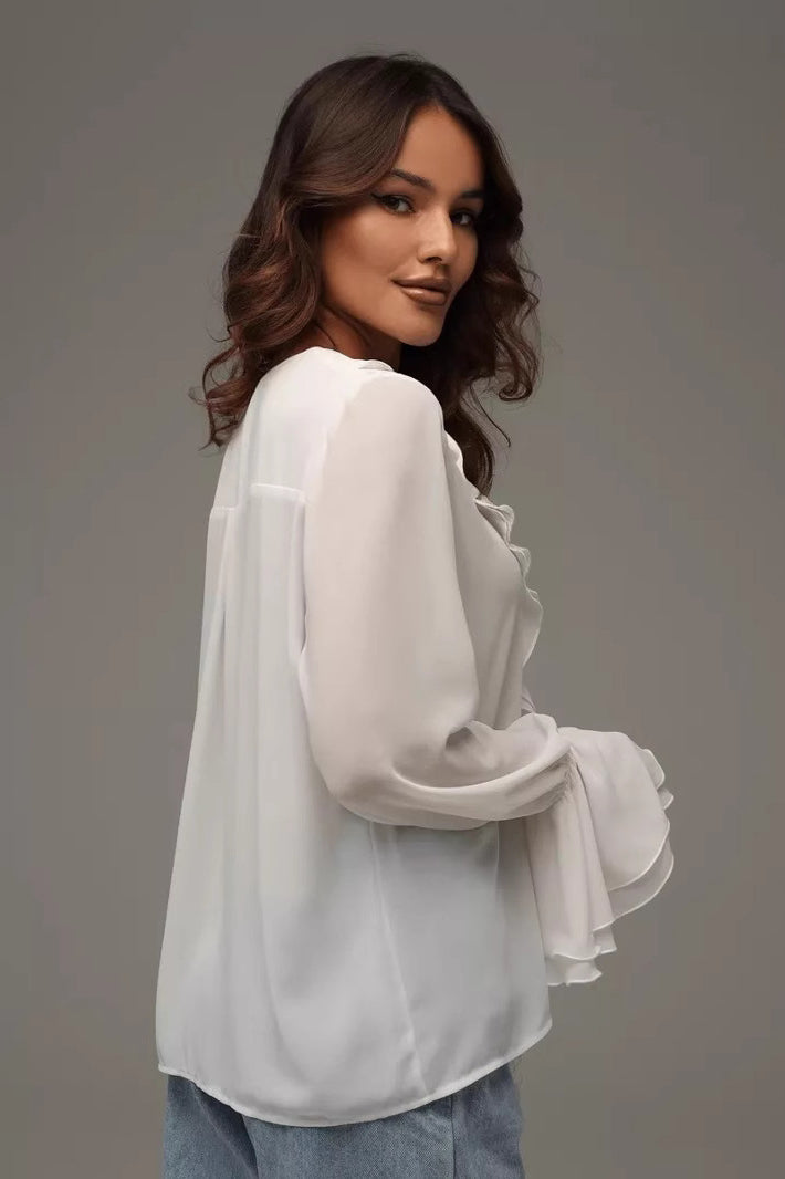 Solid V-Neck Ruffled Flare Sleeve Blouse image 4